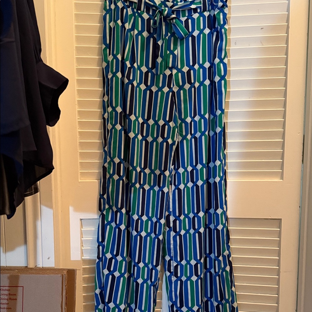 Du Jour Vibrant Blue and Green Patterned Wide Leg Pants